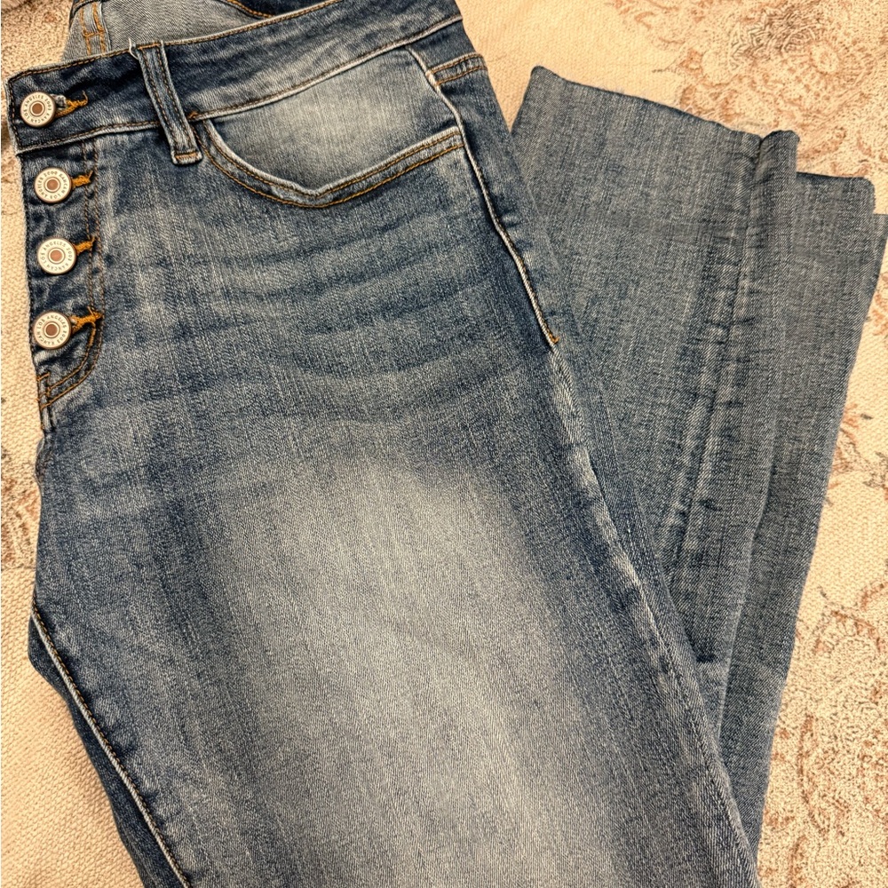 KanCan High Rise Blue Jeans with Button Detail distressed